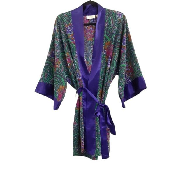 Victorias Secret Gold Label Satin Dressing Robe Purple Paisley Bathrobe Cover Up - Picture 3 of 10